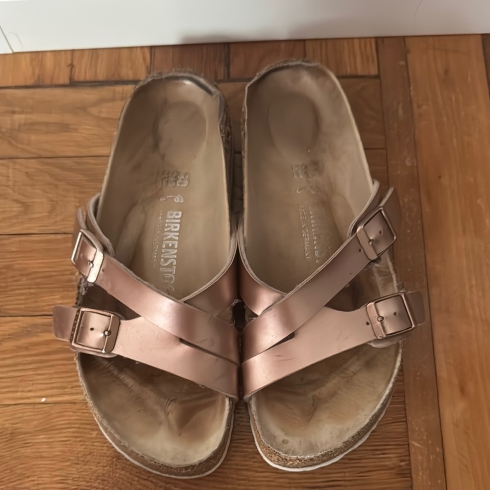Birkenstock Gold Sandals with Cork Footbed and Adjustable Straps